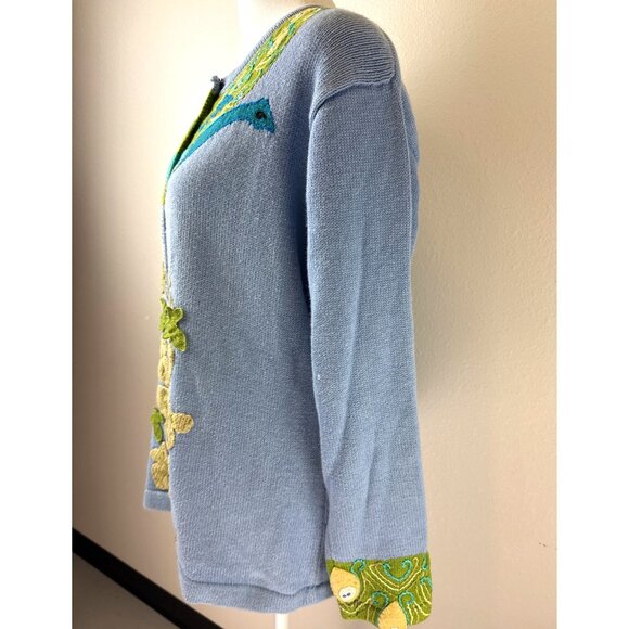 Storybook Knits Women's Blue/Green Button Up Cardigan Sweater Embracing Peacocks - Picture 4 of 12